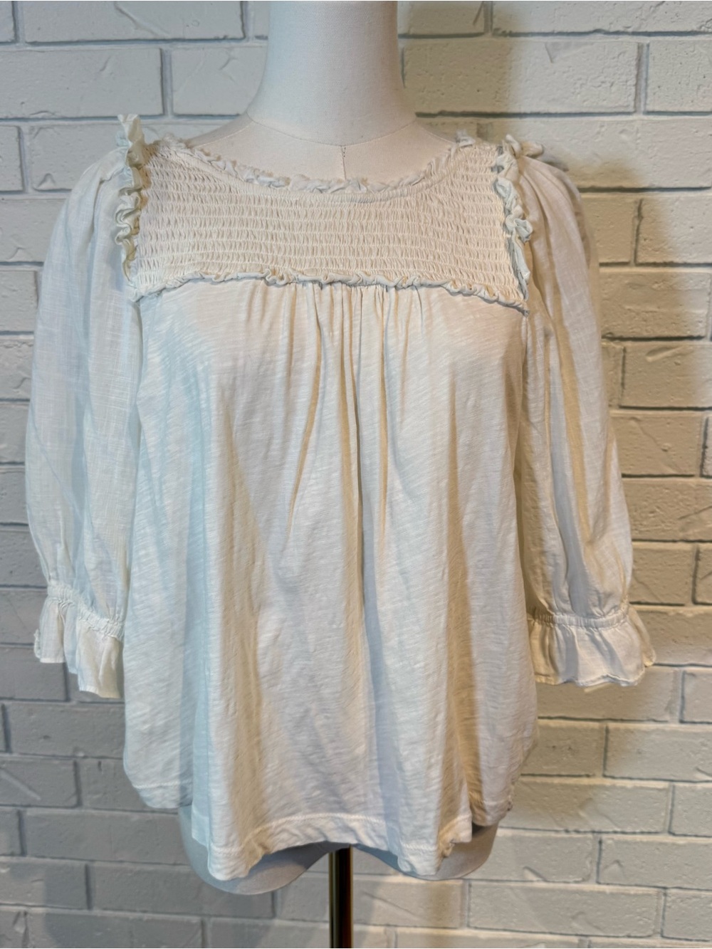 Anthropologie Cream Smocked Yoke Cottagecore Peasant Top Womens M